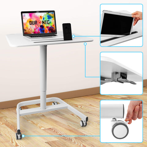 Duronic Sit-Stand Desk featuring a laptop, device slot, gas lift lever, and wheels.