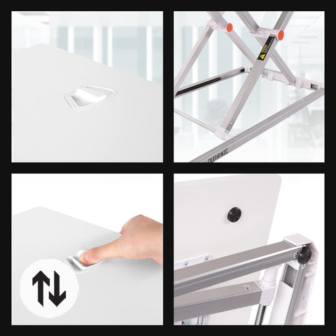 Duronic Sit-Stand Desk featuring a manual height-adjustment lever, sturdy silver frame, and non-slip feet.
