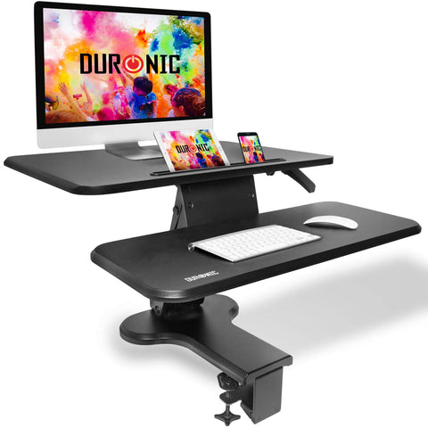 Duronic Sit-Stand Desk featuring a monitor, keyboard, mouse, tablet, and smartphone.