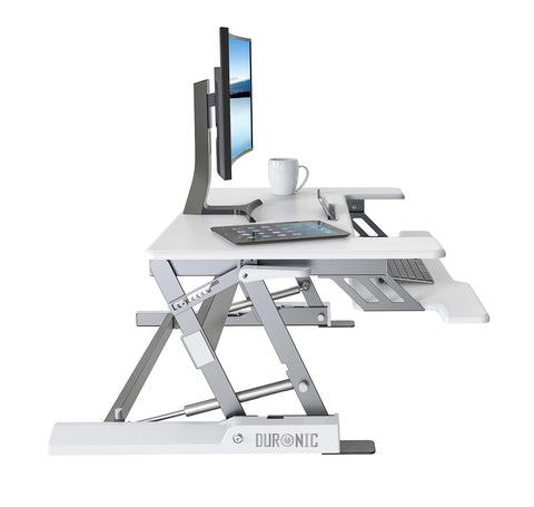 Duronic Sit-Stand Desk featuring a monitor, tablet, and keyboard tray.