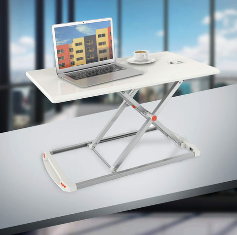 Duronic Sit-Stand Desk featuring an X-frame design with a laptop and coffee cup.
