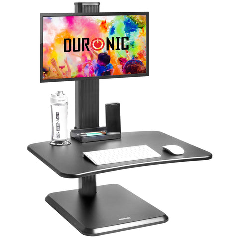 Duronic Sit-Stand Desk featuring an elevated monitor mount, keyboard tray, and smartphone holder.