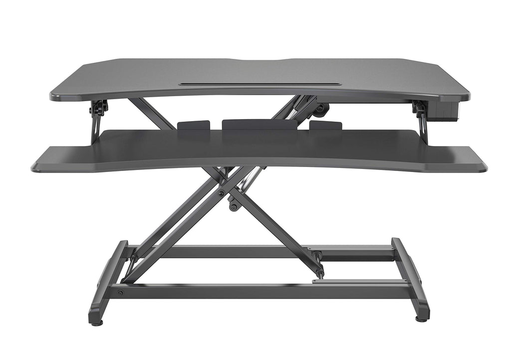 Duronic Sit-Stand Desk featuring dual tiers, a keyboard tray, and X-frame lift mechanism.