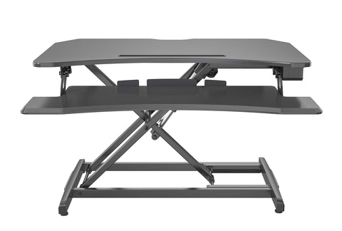 Duronic Sit-Stand Desk featuring dual tiers, a keyboard tray, and X-frame lift mechanism.
