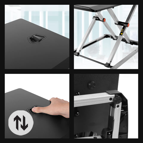 Duronic Sit-Stand Desk four-panel collage demonstrating the adjustable height mechanism