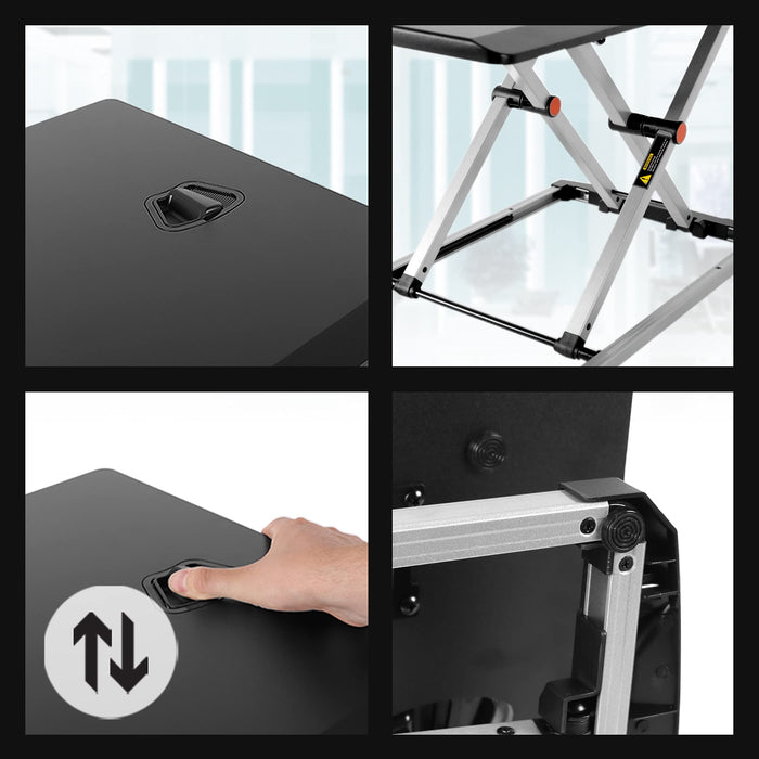 Duronic Sit-Stand Desk four-panel collage demonstrating the adjustable height mechanism