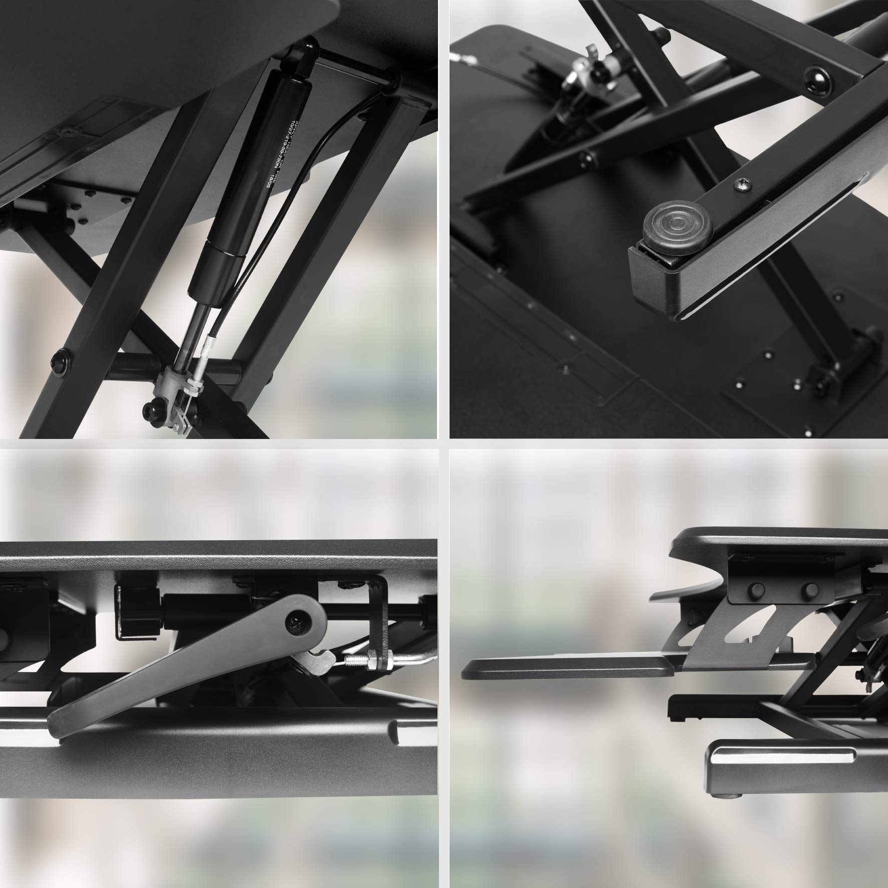 Duronic Sit-Stand Desk highlighting the gas spring, sturdy frame, lever, and dual-tier design of a desk converter.