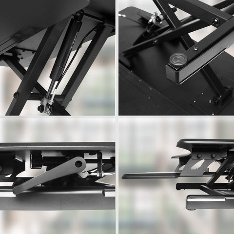Duronic Sit-Stand Desk highlighting the gas spring, sturdy frame, lever, and dual-tier design of a desk converter.