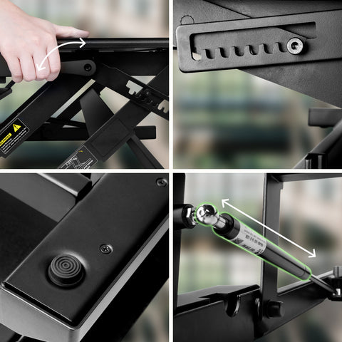 Duronic Sit-Stand Desk showcasing the adjustment levers, locking mechanism, rubber feet, and gas spring of a desk converter.