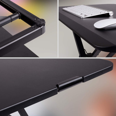 Duronic Sit-Stand Desk showing a black height-adjustable standing desk converter with a keyboard and mouse.