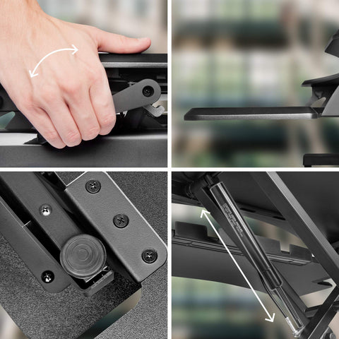 Duronic Sit-Stand Desk showing a standing desk converter's lever, keyboard tray, screws, and gas spring.