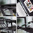 Duronic Sit-Stand Desk showing a standing desk converter's lift mechanism, tablet slot, and gas spring strut.