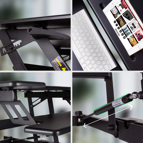 Duronic Sit-Stand Desk showing a standing desk converter's lift mechanism, tablet slot, and gas spring strut.
