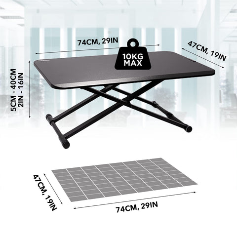 Duronic Sit-Stand Desk showing dimensions: 74cm width, 47cm depth, 5cm-40cm height, 10kg capacity.