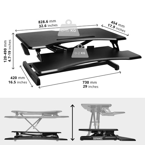Duronic Sit-Stand Desk showing dimensions and weight capacities for top and keyboard tiers.