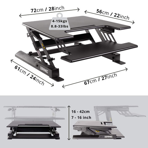 Duronic Sit-Stand Desk showing dimensions in centimeters and inches with weight capacity.