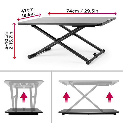 Duronic Sit-Stand Desk showing dimensions of 74cm width, 47cm depth, and 5-40cm height.