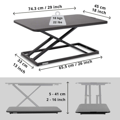 Duronic Sit-Stand Desk showing full product dimensions in centimeters and inches.
