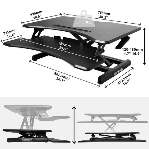Duronic Sit-Stand Desk showing full product dimensions in millimeters and inches with weight capacity.