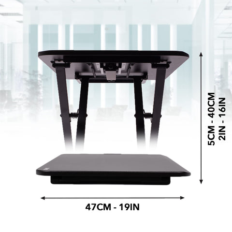 Duronic Sit-Stand Desk showing minimum 5cm height, maximum 40cm height, and 47cm width.