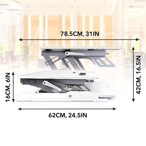 Duronic Sit-Stand Desk showing minimum 6-inch height, maximum 16.5-inch height, and 31-inch width.