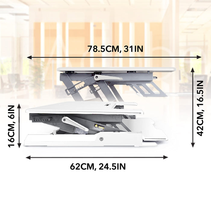 Duronic Sit-Stand Desk showing minimum 6-inch height, maximum 16.5-inch height, and 31-inch width.