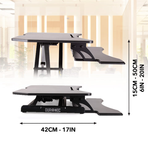Duronic Sit-Stand Desk showing minimum and maximum heights alongside base depth dimensions.
