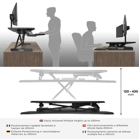 Duronic Sit-Stand Desk showing sitting and standing heights from 120 to 430mm.