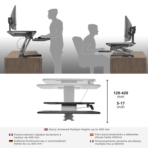 Duronic Sit-Stand Desk showing sitting and standing positions with a 120-420 mm height range.