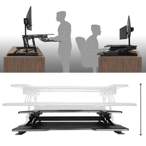 Duronic Sit-Stand Desk showing sitting and standing positions with a vertical height adjustment arrow.
