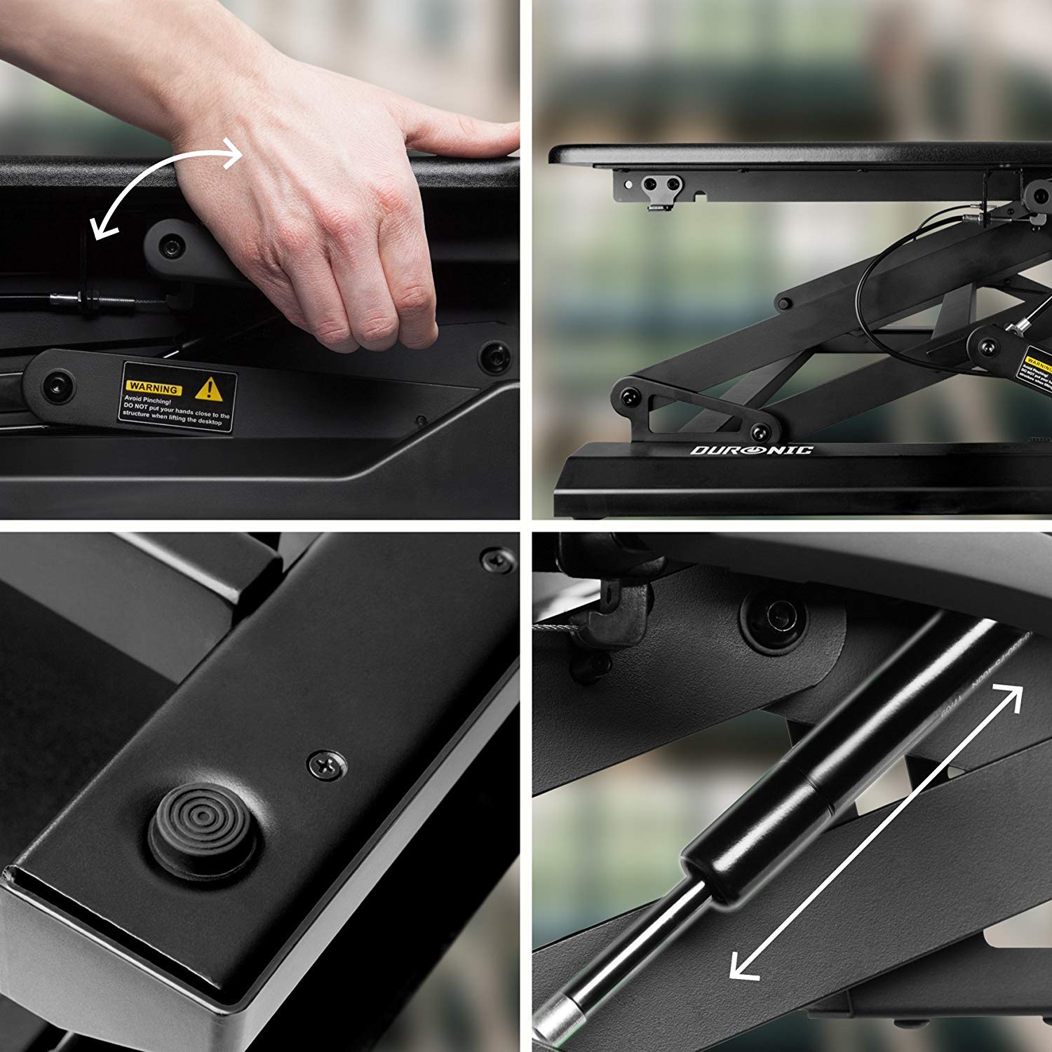 Duronic Sit-Stand Desk showing the mechanism, adjustment lever, rubber feet, and gas spring of a desk converter.