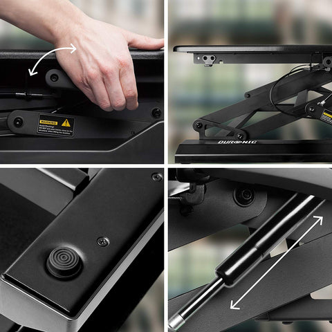 Duronic Sit-Stand Desk showing the mechanism, adjustment lever, rubber feet, and gas spring of a desk converter.