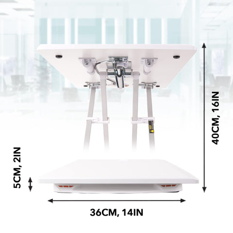 Duronic Sit-Stand Desk shown in compact 5cm and fully extended 40cm height positions.