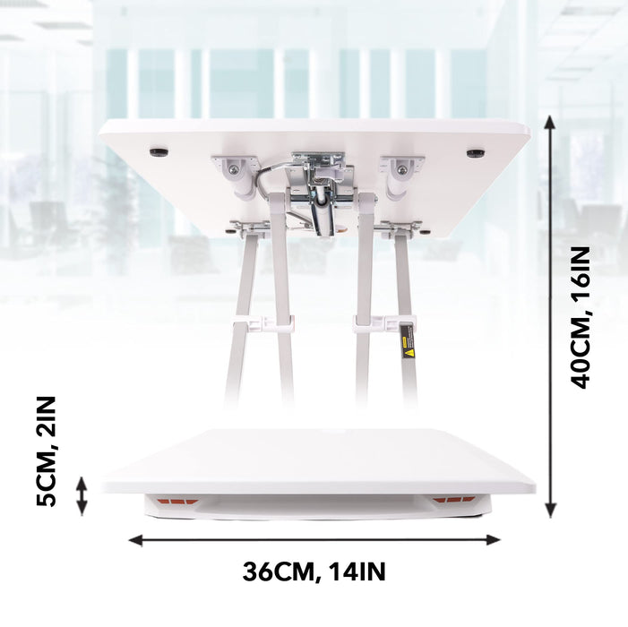 Duronic Sit-Stand Desk shown in compact 5cm and fully extended 40cm height positions.