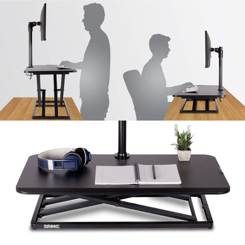 Duronic Sit-Stand Desk shown in use both sitting and standing positions.