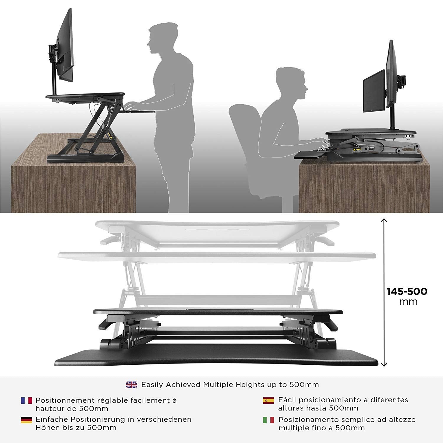Duronic Sit-Stand Desk standing desk converter showing sitting and standing positions with height range up to 500mm.