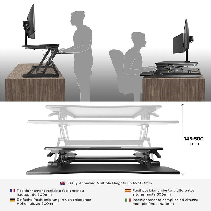Duronic Sit-Stand Desk standing desk converter showing sitting and standing positions with height range up to 500mm.