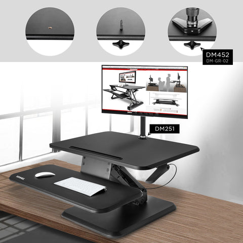 Duronic Sit-Stand Desk with a DM251 monitor mount and a keyboard tray, featuring close-up details of the DM452 grommet installation process.