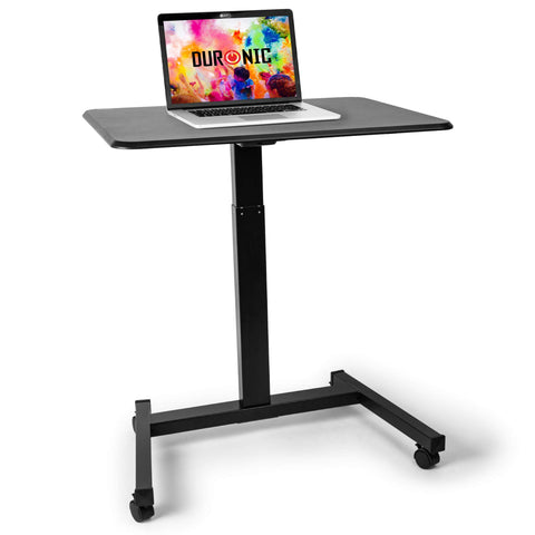 Duronic Sit-Stand Desk with a black finish and laptop.