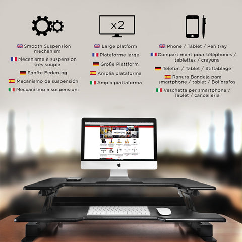 Duronic Sit-Stand Desk with a computer, dual monitor capacity, keyboard tray, and smartphone holder.