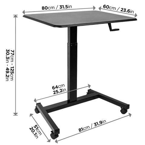 Duronic Sit-Stand Desk with a hand crank, showing metric and imperial dimensions.