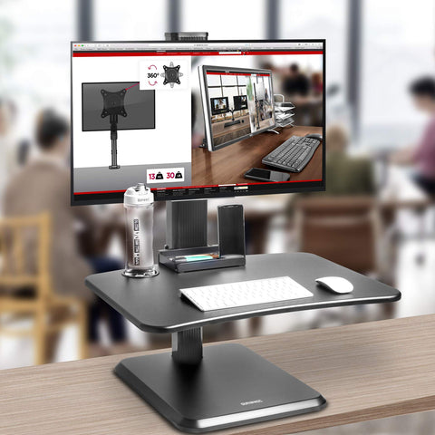 Duronic Sit-Stand Desk with attached monitor mount, holding a keyboard and mouse.