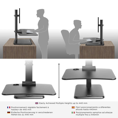 Duronic Sit-Stand Desk with built-in monitor mount showing both sitting and standing positions.