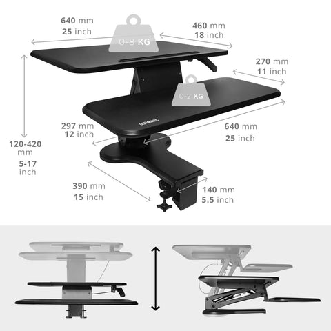 Duronic Sit-Stand Desk with dimensions and weight limits for keyboard tray and top surface.