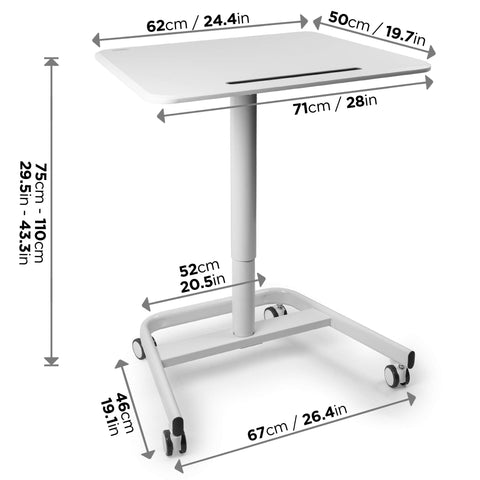 Duronic Sit-Stand Desk with dimensions in centimeters and inches on a white background.