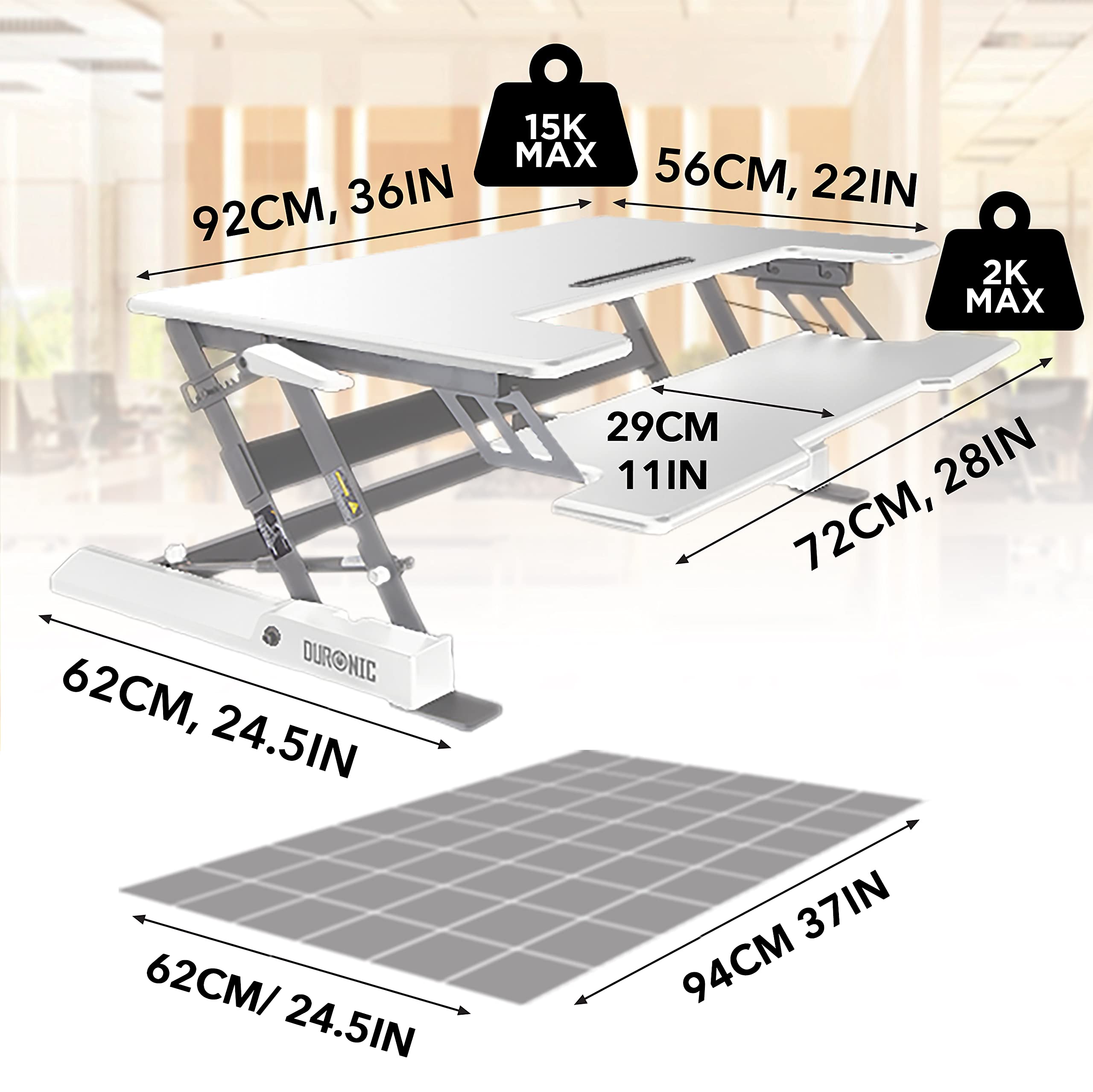 Duronic Sit-Stand Desk with dimensions in centimeters and inches showing weight capacities.