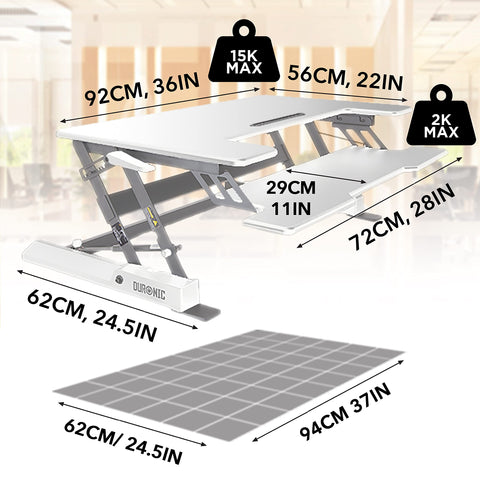 Duronic Sit-Stand Desk with dimensions in centimeters and inches showing weight capacities.