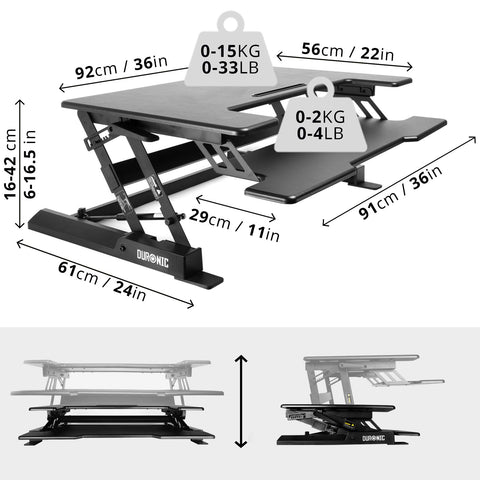Duronic Sit-Stand Desk with dimensions, load capacity weights, and height adjustment diagram.