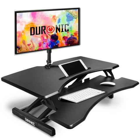 Duronic Sit-Stand Desk with dual tiers, a monitor mount, and a tablet slot.
