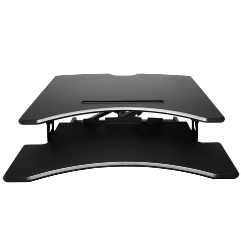 Duronic Sit-Stand Desk with dual tiers for monitors and keyboard, on white background.